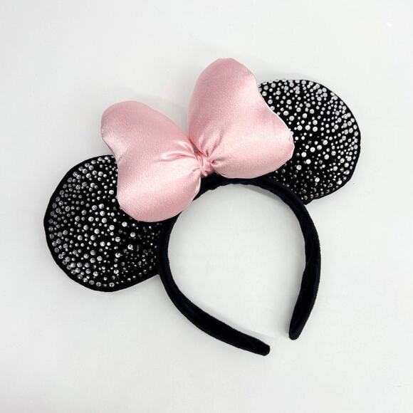 Disney Minnie Mouse Sparkly Rhinestone Ears Headband With Pink Plush Bow